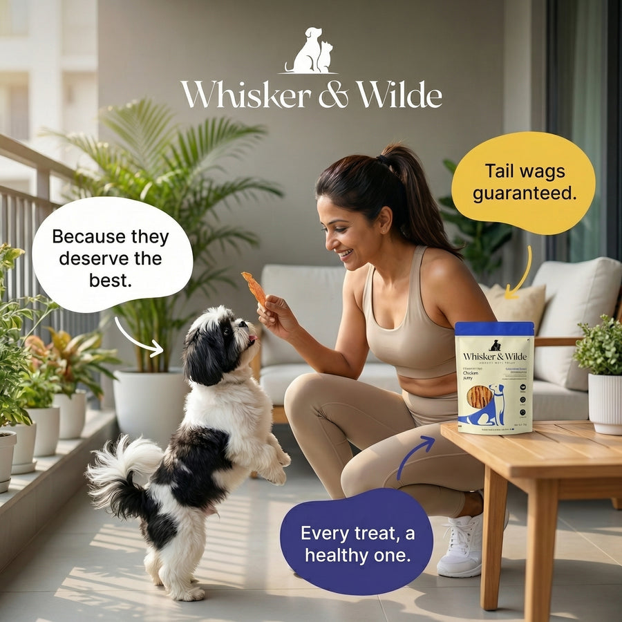 Woman sitting on a couch with a dog, holding a treat, in a modern living room with 'Whisker & Wilde' branding.