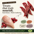 Raw chicken breast and whole cranberries next to dehydrated chicken jerky treats, with no sugar, no salt, no artificial additives or preservatives