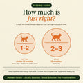 Feeding guide showing treat pieces per day: 1-2 pieces for kittens under 12 months, 2-3 pieces for adult cats 12 months and older