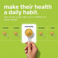 Promotional graphic for a daily health supplement routine with a hand holding a scoop of powder.