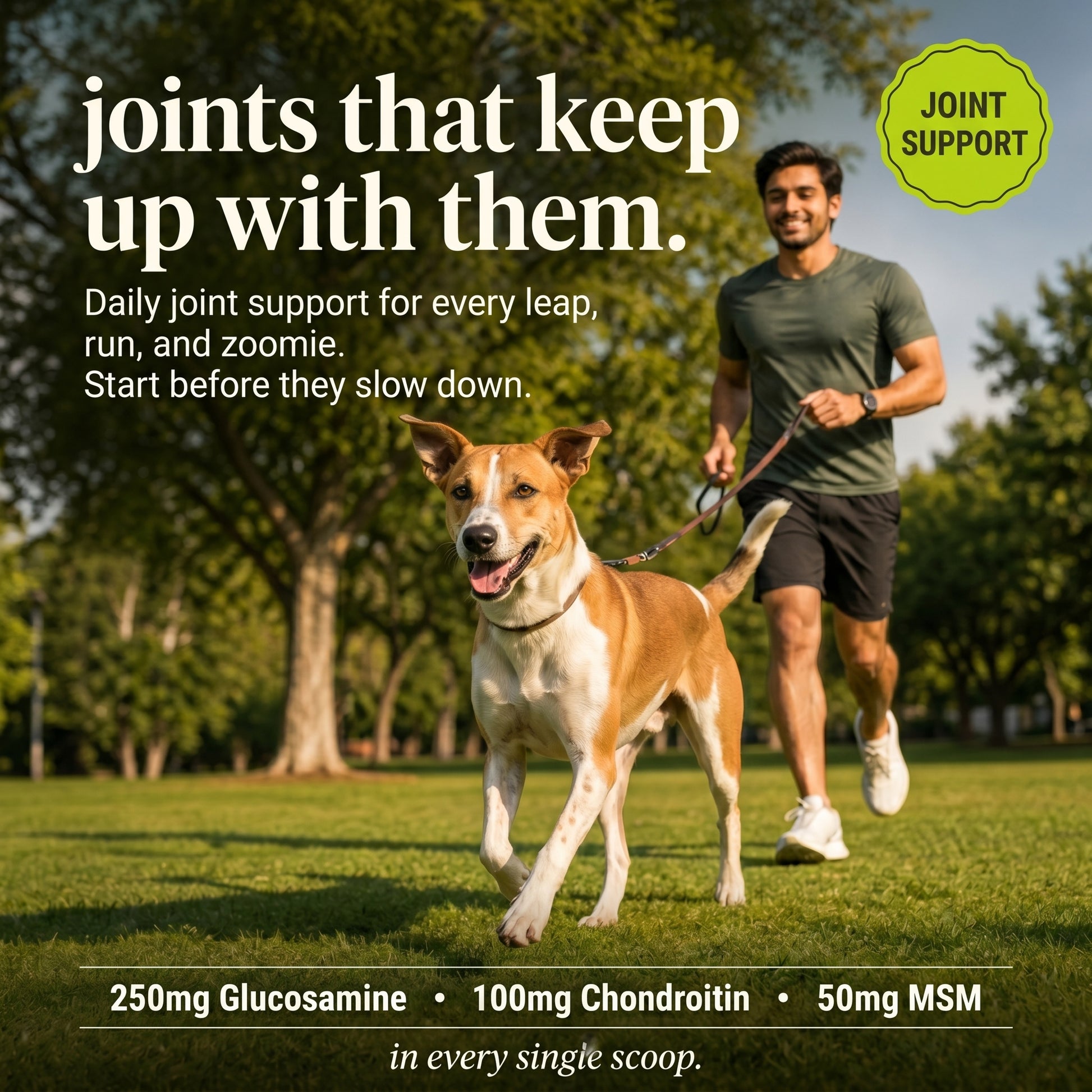 Man running with a dog in a park, promoting joint support supplements.