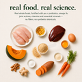 Real whole food ingredients including chicken, liver, pumpkin, sweet potato and carrot used in Daily Cat Topper