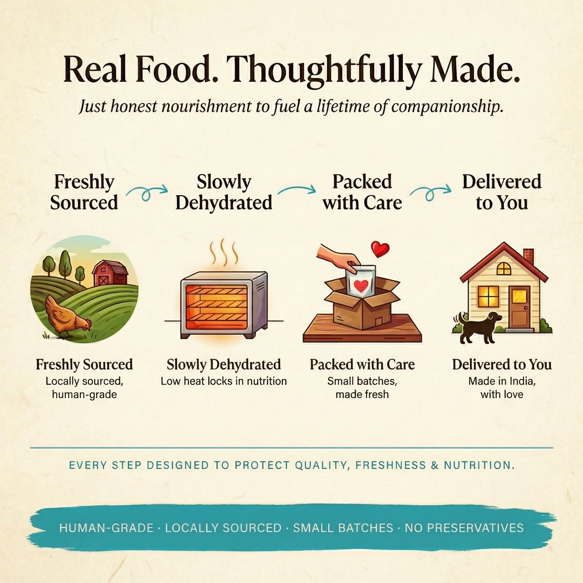 Sourcing journey diagram: freshly sourced, slowly dehydrated, packed with care, delivered to you