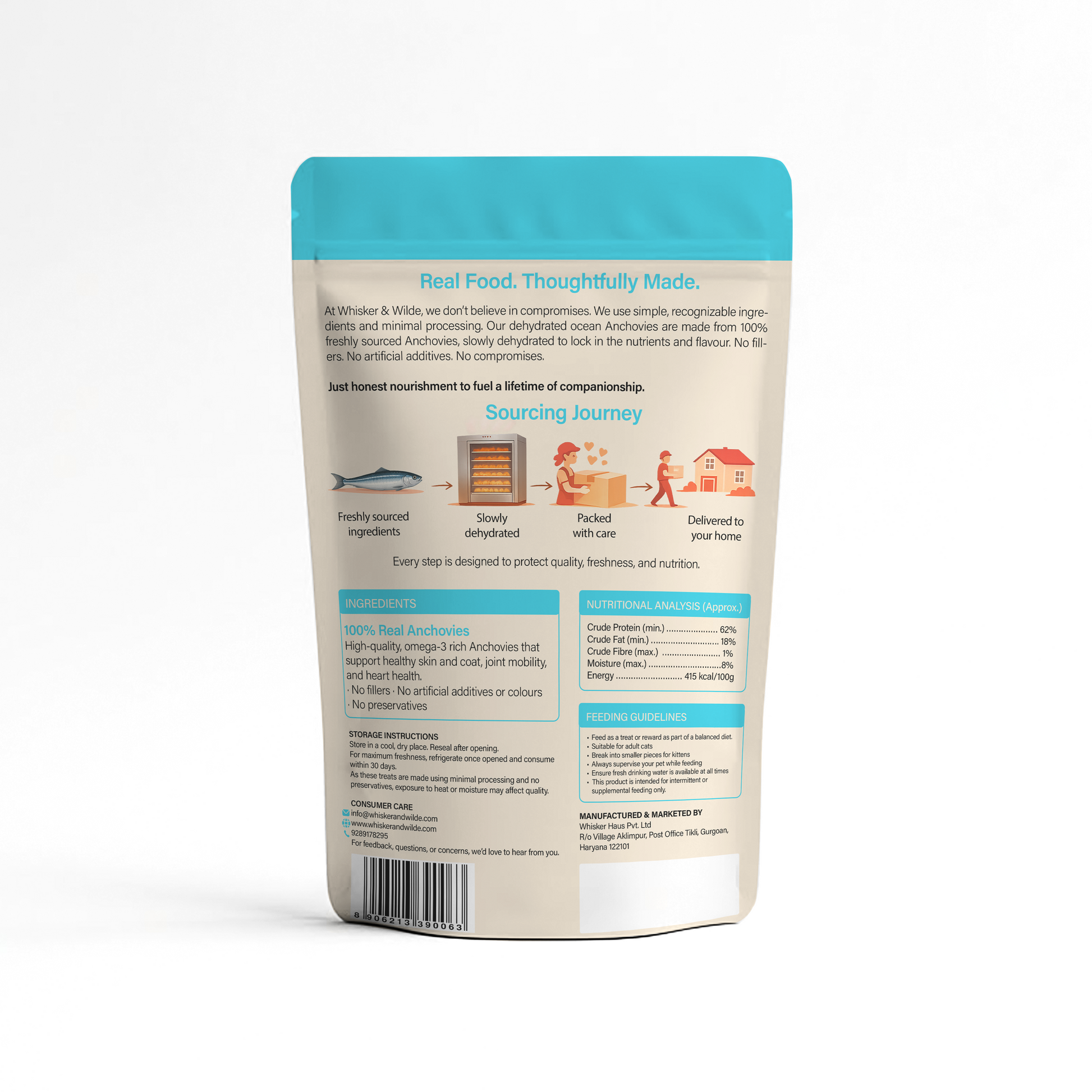 Back of Whisker & Wilde dehydrated anchovies package showing sourcing journey and ingredient information