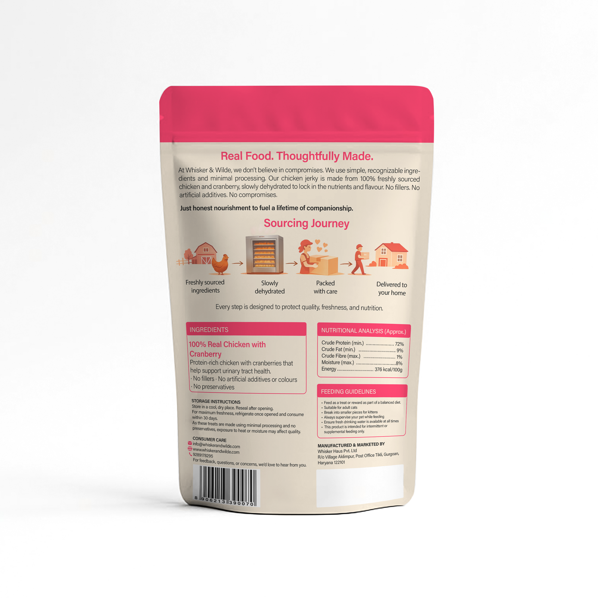 Back of Whisker & Wilde chicken jerky cranberry package showing sourcing journey and ingredient information