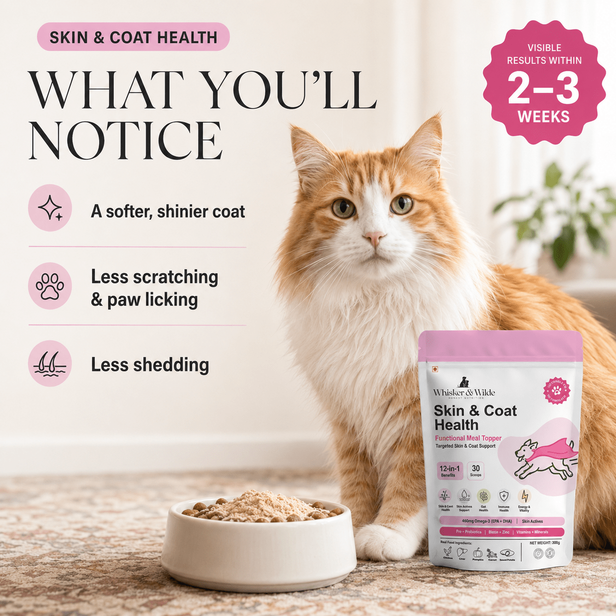 Skin & Coat Cat Topper · 460mg Omega-3 for Dull Coat, Itchy Skin & Shedding - Whisker and Wilde